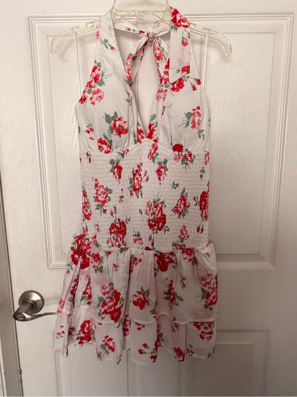 Hollister White Halter Dress with Red Floral Print